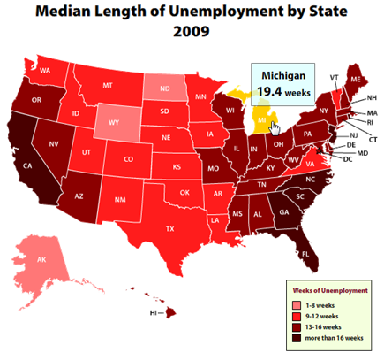 Duur werkloosheid per staat in VS, 2009
