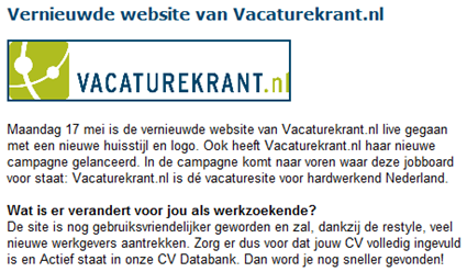 Vacaturekrant | Marketing bericht vernieuwing website