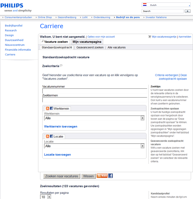 Philips, "werken bij" site | Zoekfunctie + zoekresultaat