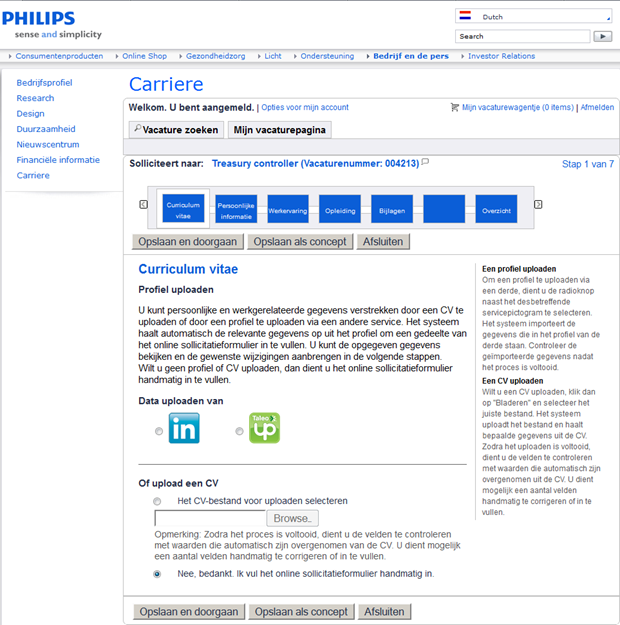 Philips, "werken bij" site | Sollicitatieformulier
