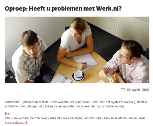 Vara's Kassa roept op tot melding problemen Werk.nl