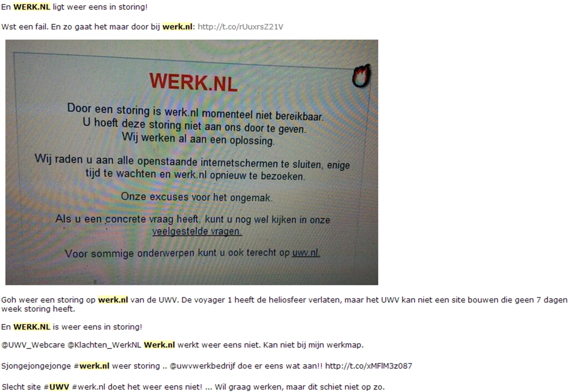 Problemen Werk.nl 19 april 2013