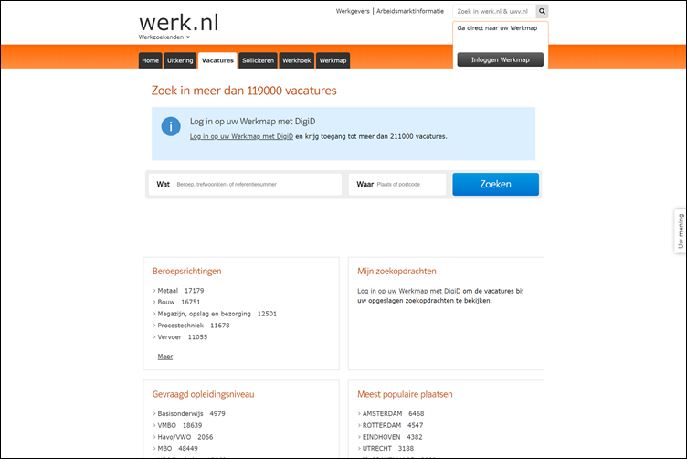 Werk.nl snelzoekfunctie