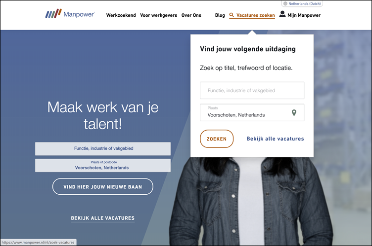 Homepage Manpower.nl met zoekfunctie