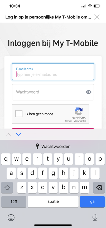 T-Mobile, inloggen mobiele applicatie