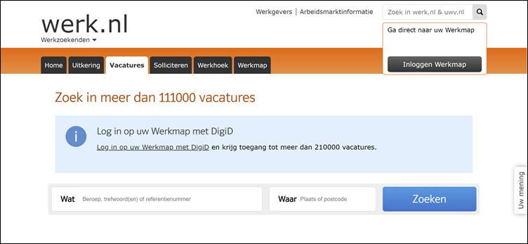 Werk.nl Zoekpagina vacatures