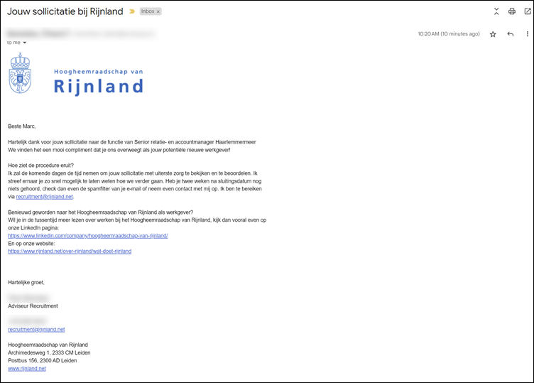 E-mail response Hoogheemraadschap op online sollicitatie
