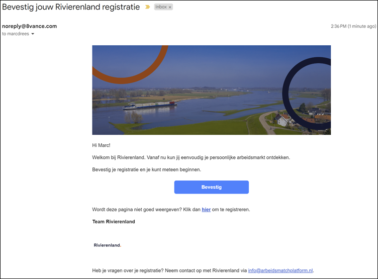 Bevestigings e-mail Arbeidsmatchplatform Rivierenland