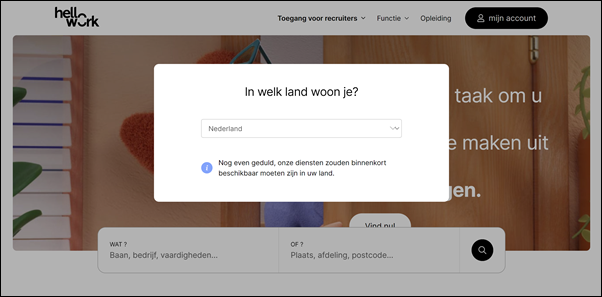 HelloWork homepage met pop-up na keuze voor Nederland