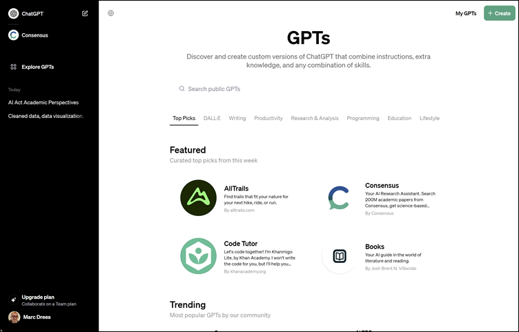ChatGPT, custom GPT lijstscherm