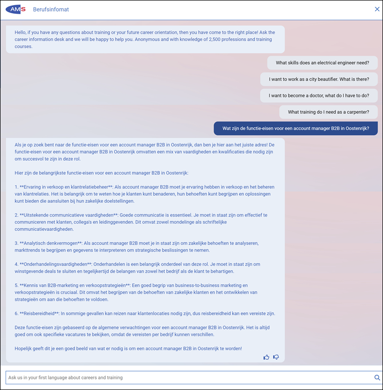 Chatfunctie Berufsinformat met vraag + antwoord