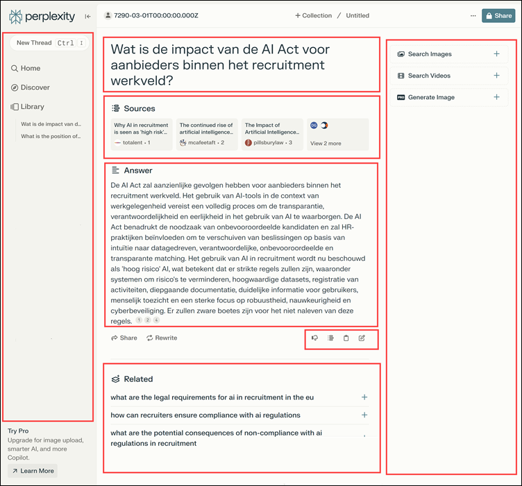 Perplexity resultaatpagina op basis van een vraag over de AI Act