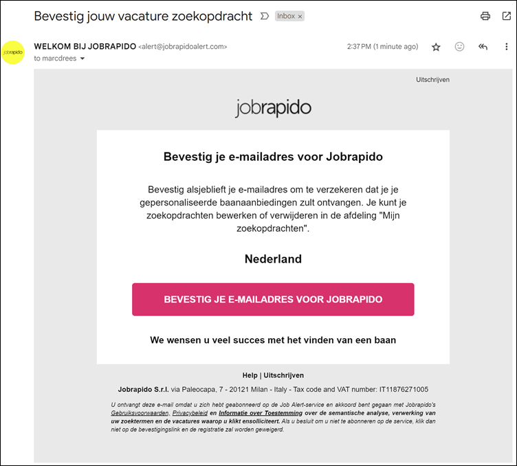 Jobrapido, bevestiging e-mail adres