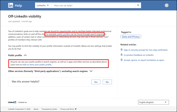 Setting: Profile discovery and visibility off LinkedIn, 2