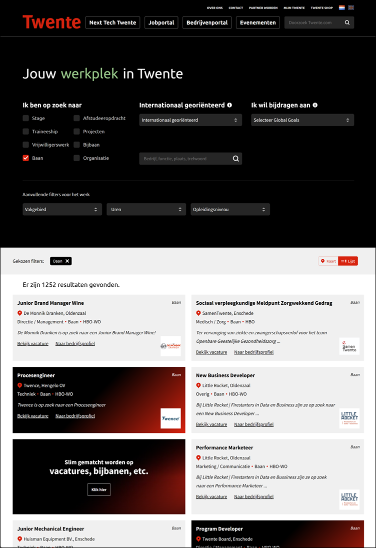 Twente: Homepage vacatureplatform, Baan aangevinkt