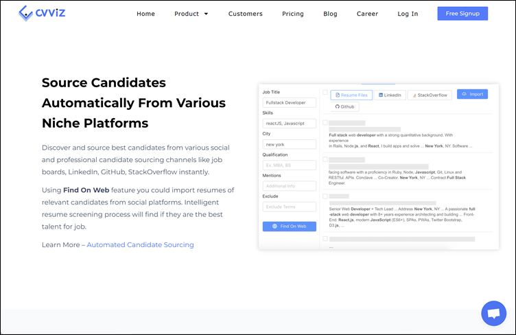 CVViZ: Homepage, candidate sourcing functie