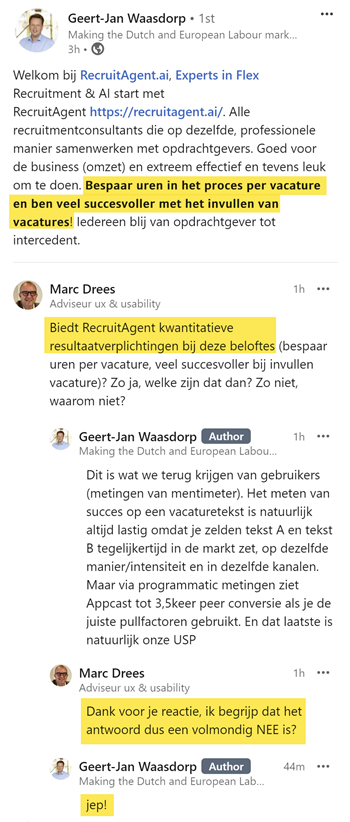 Linkedin interactie over beloftes RecruitAgent.ai