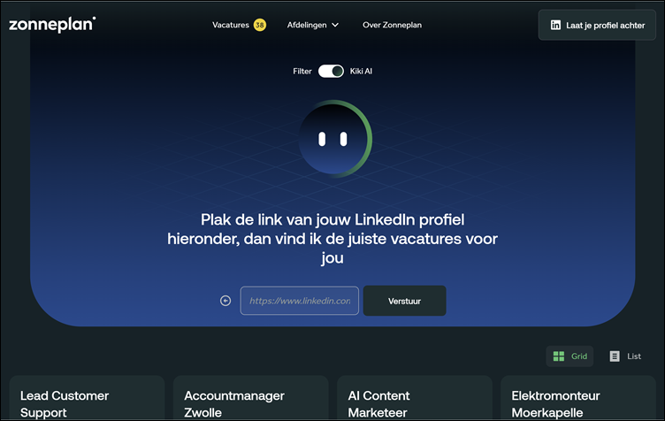 Zonneplan: KIKI AI startscherm LinkedIn profiel delen