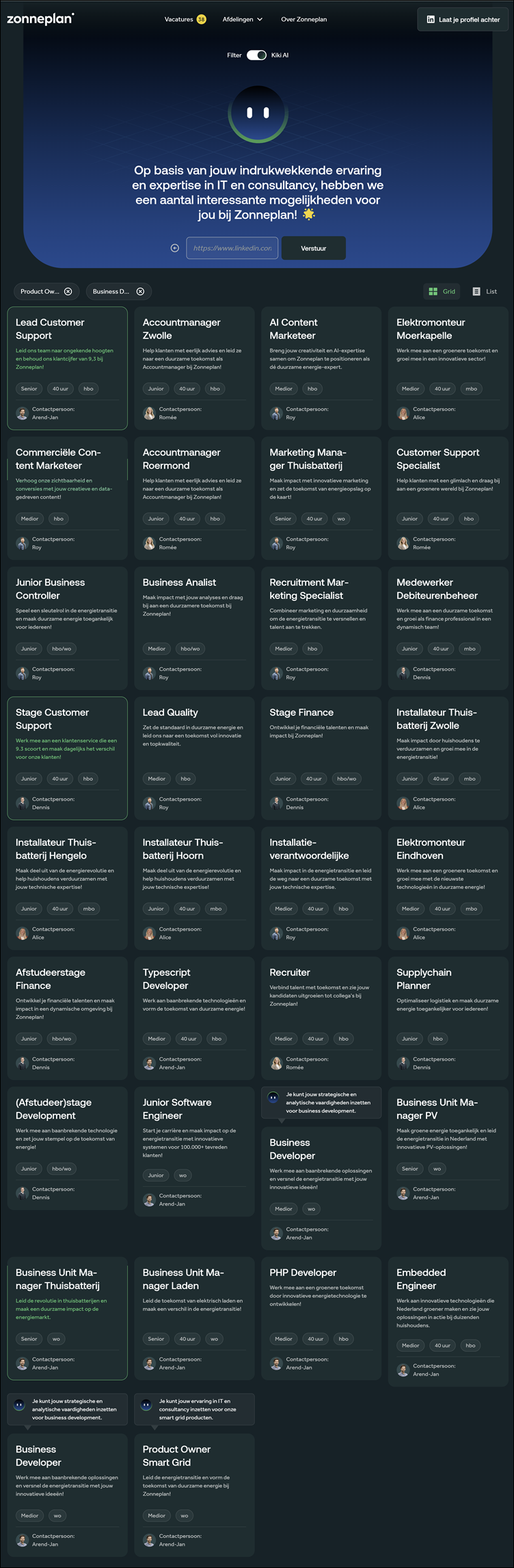 Zonneplan: KIKI AI vacature zoekresultaatscherm