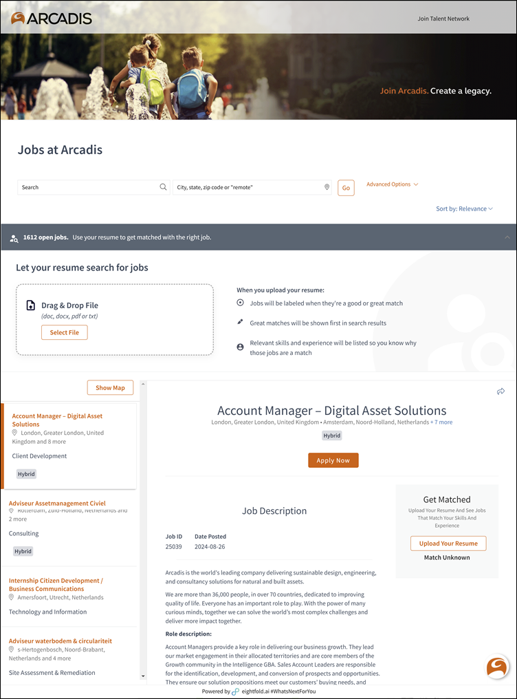 Arcadis, vacatures zoeken/matchen, Eightfold, combinatiescherm