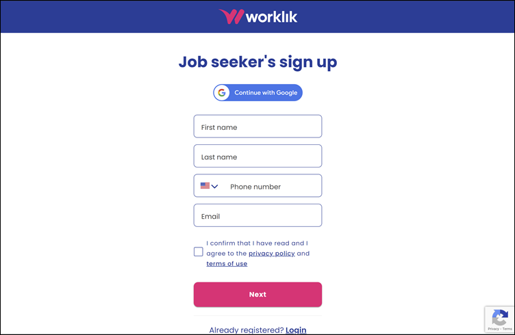 Sign-up pagina Worklik