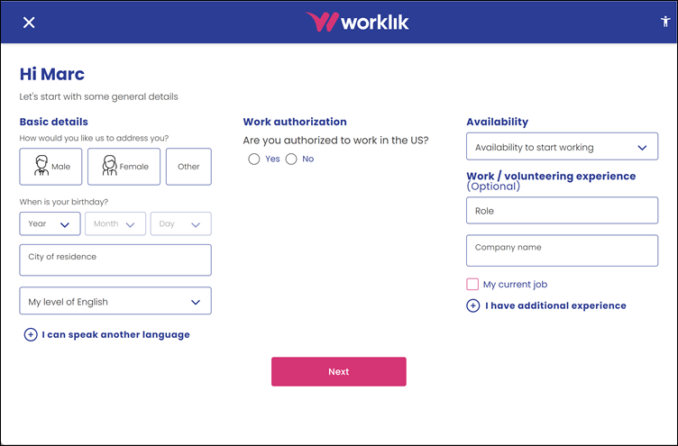 Registratiepagina Worklik