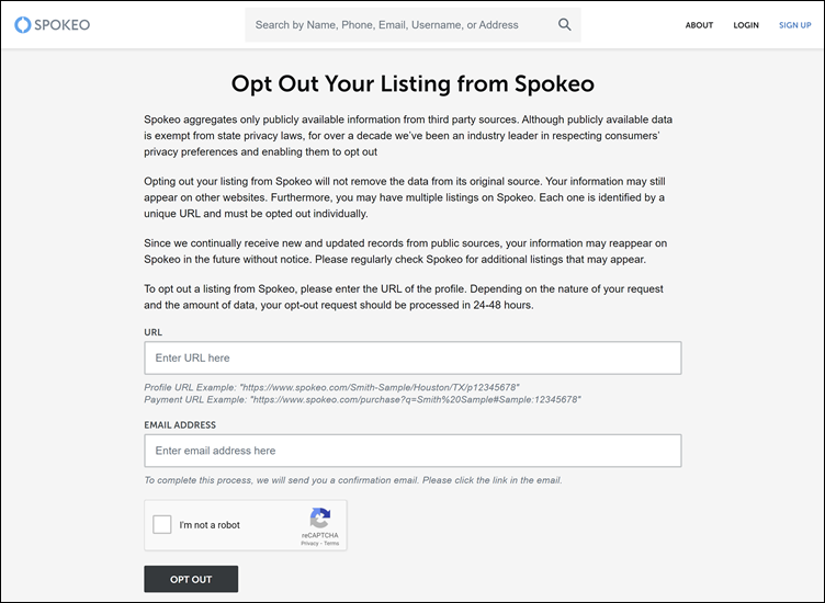 Opt Out form Spokeo