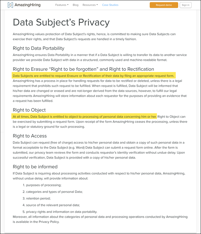 Data subjects’s privacy, AmazingHiring