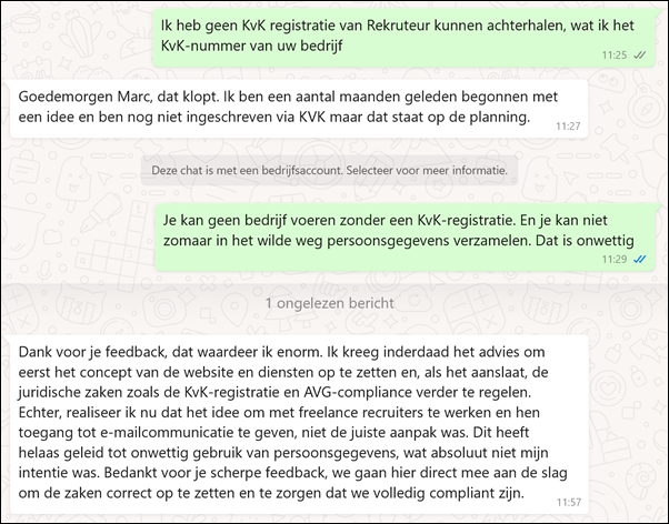 Whatsapp interactie met Rekruteur