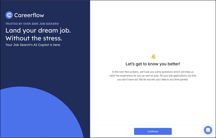 Landing page na eerste inlog, Careerflow.ai