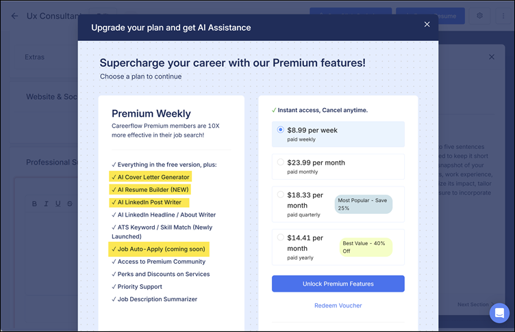 Premium features en kosten, Careerfow.ai