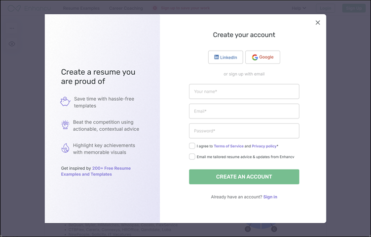 Create your account, Enhancv