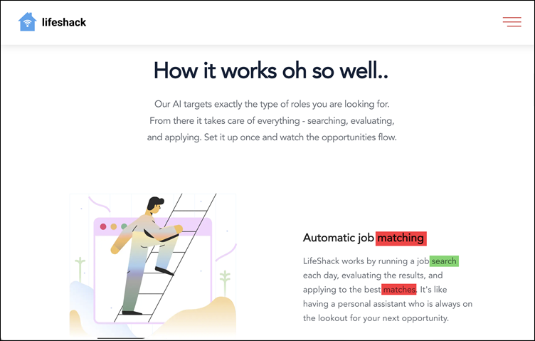 Homepage, Automatic job matching, Lifeshack