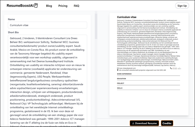 cv parsing resultaat, ResumeBoostAI