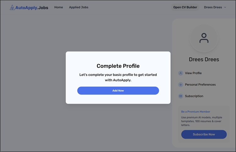 Profile page, pop-up, AutoApply.Jobs