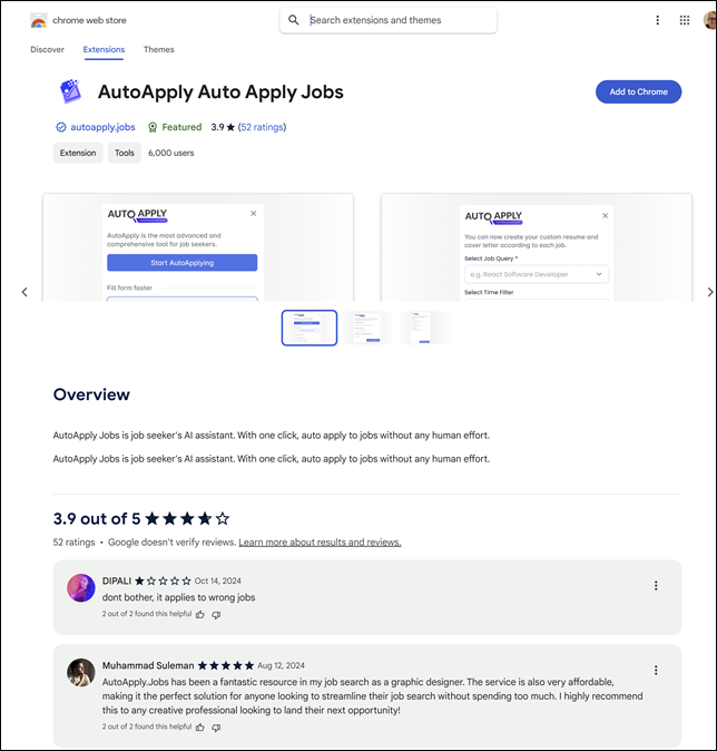 Chrome web store, AutoApply.Jobs extension