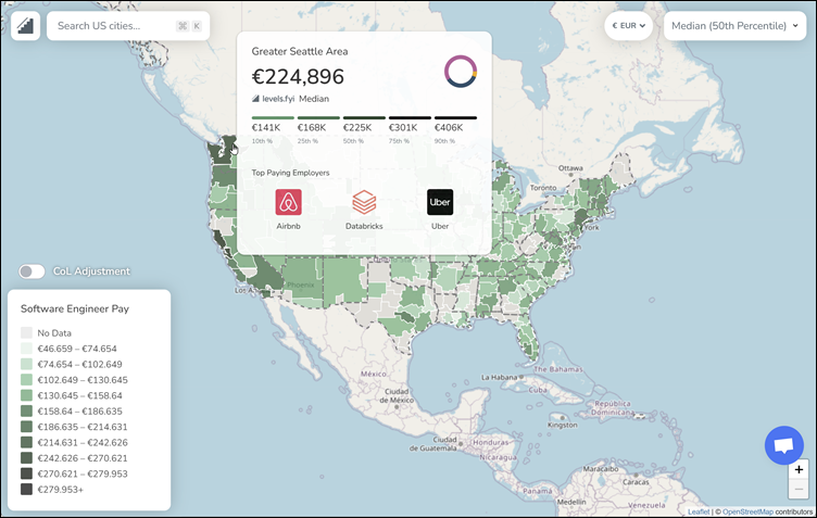 Salaris heatmap VS, met details voor Seattle, levels.fyi