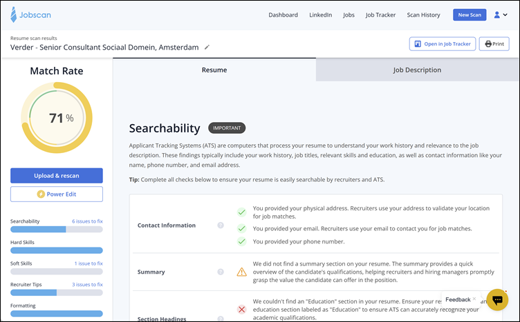 Resume scan results, Searchability, Jobscan