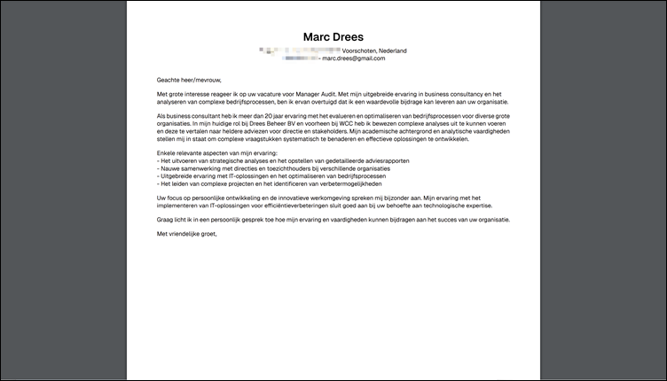 Gegenereerde motivation letter, useResume