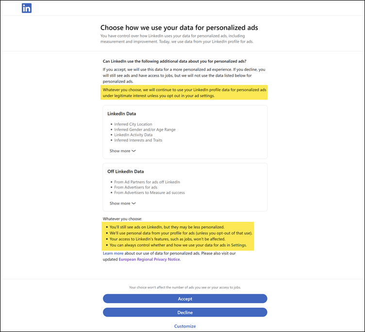 Choose how we use your data for personalised ads, LinkedIn