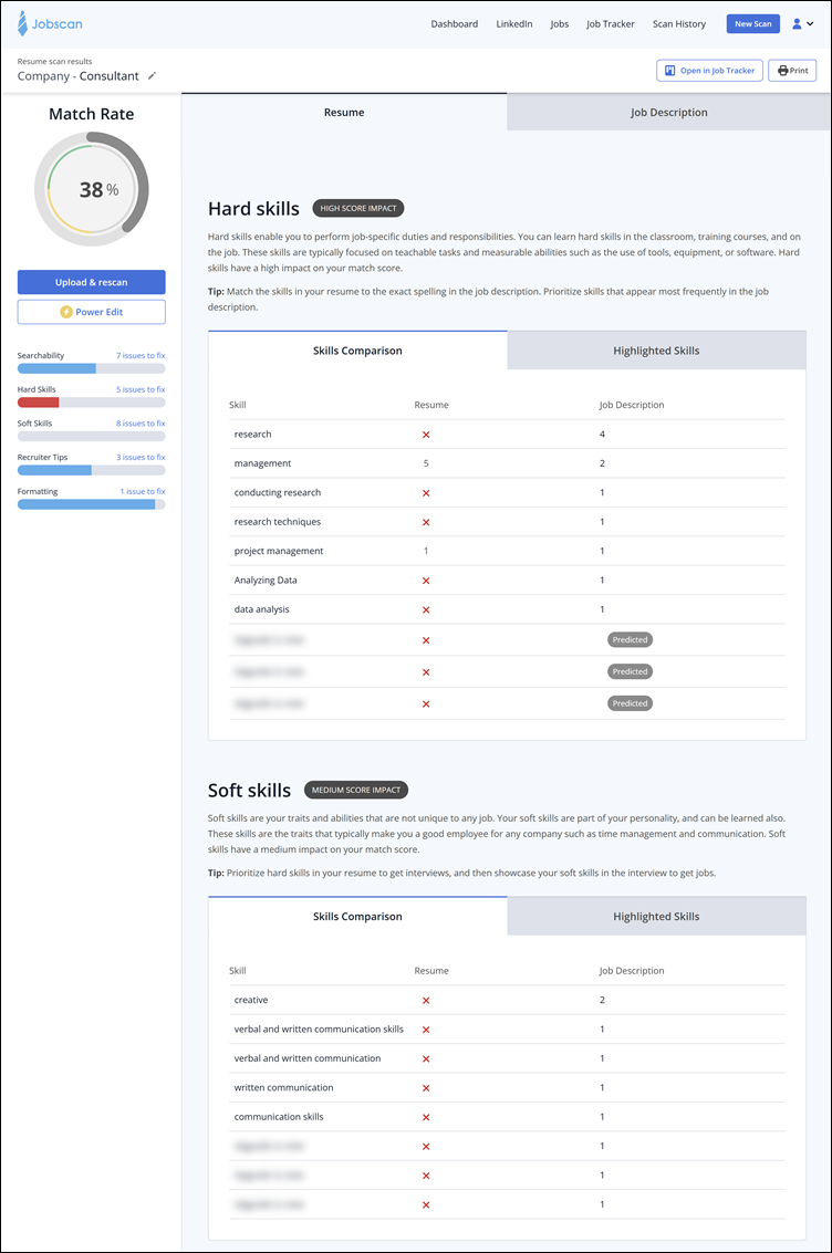 Resume scan results, Hard skills, Soft skills, Jobscan