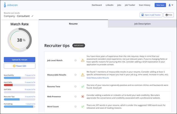Resume scan results, Recruiter tips, Jobscan