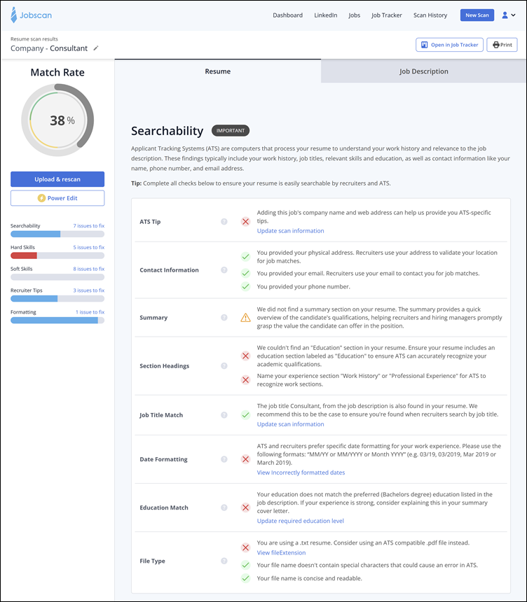 Resume scan results, Searchability, Jobscan