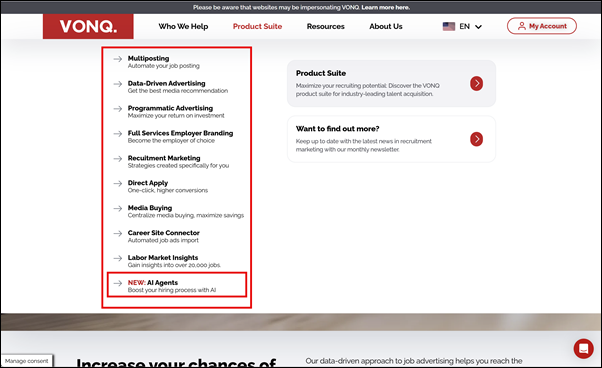 Homepage, 2nd level global navigation, VONQ