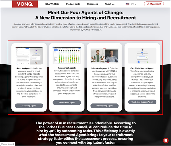 Product page VONQ AI Agent, AI agents, VONQ