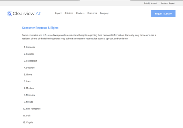 Privacy verklaring, Consumer requests & rights – Clearview AI