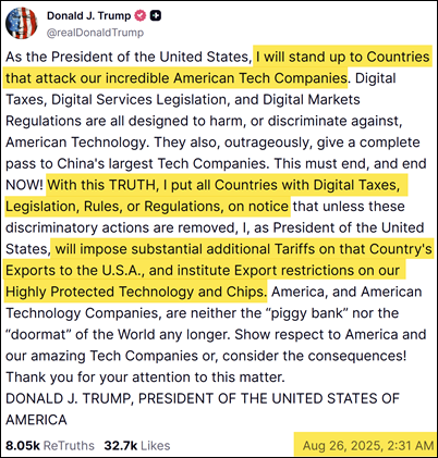 Truth Social posting Donald Trump 26/8/2025