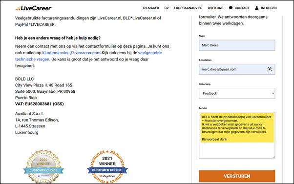 Contactpagina – LiveCareer