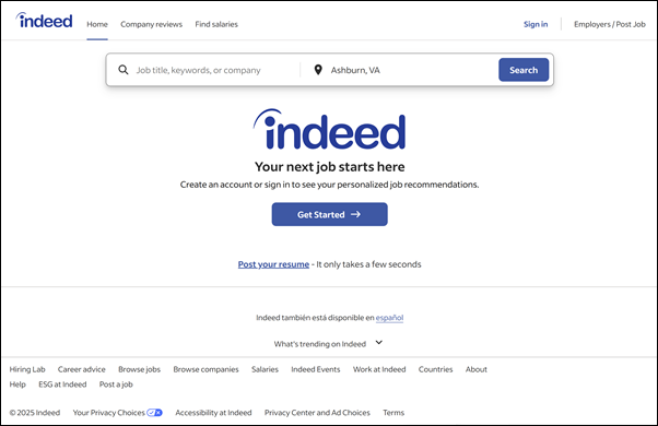 Homepage, nieuw – Indeed VS