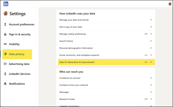 Settings, Data privacy – LinkedIn